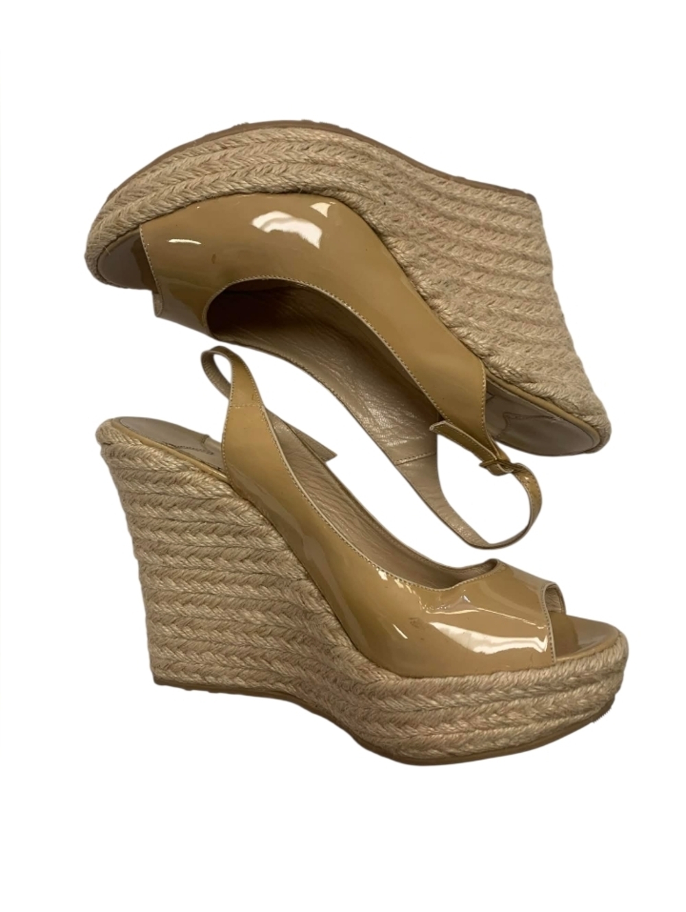Jimmy Choo London GUC Nude Patent Leather Espadrilles Wedge Peep Toe Sandals, 40